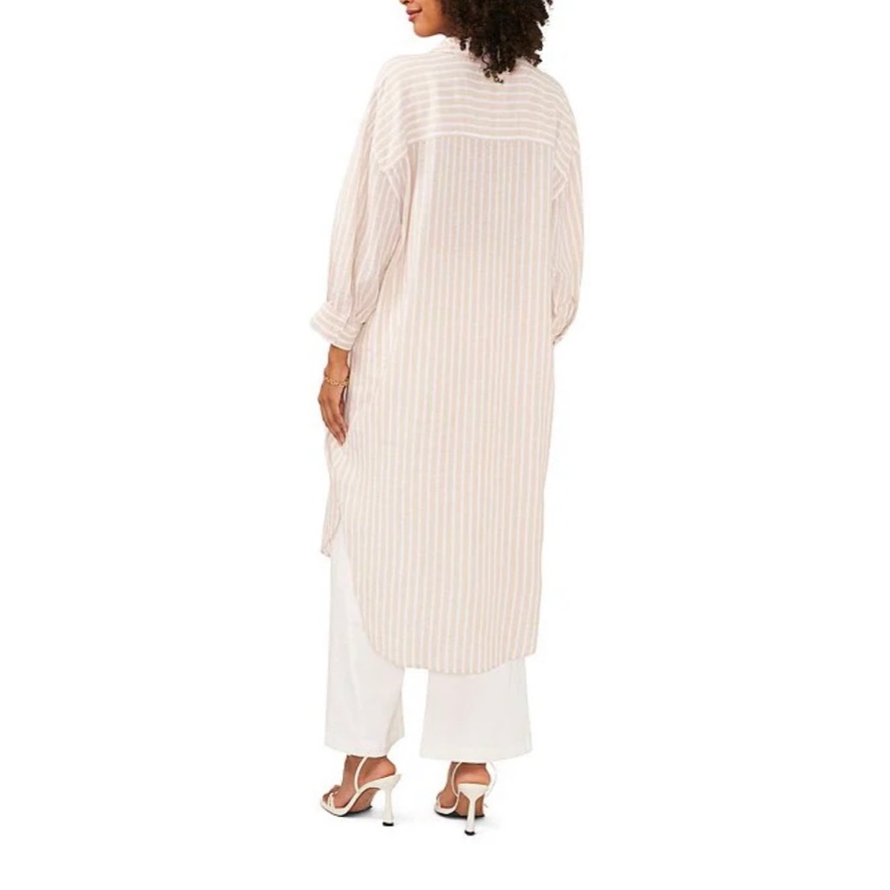 Vince Camuto Striped Print Point Collar Woven Linen Button Front size Medium NWT - Picture 2 of 3